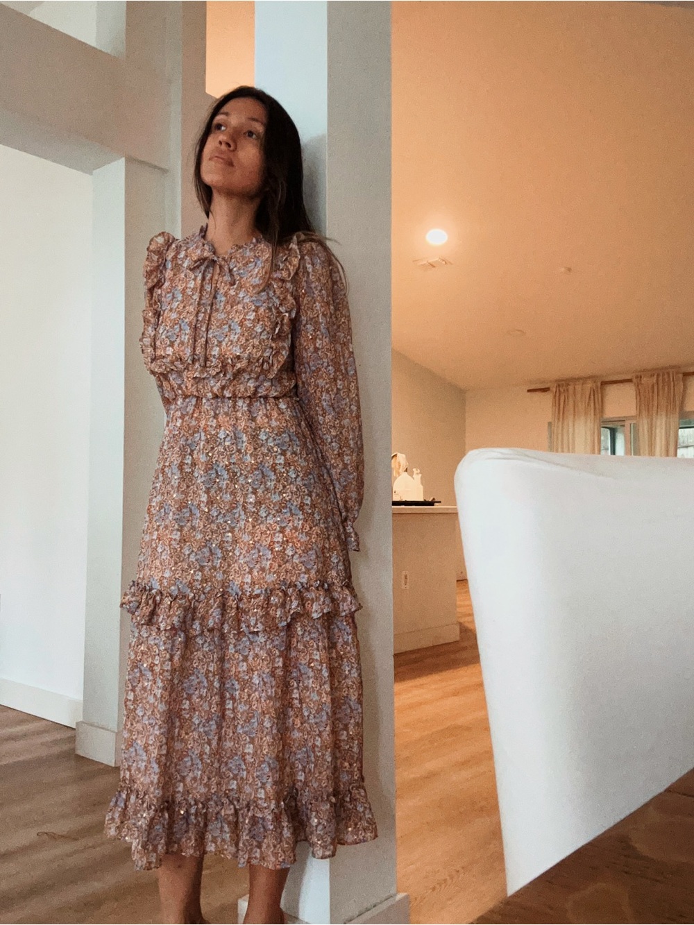 Storia Brown Floral Ruffle Long-Sleeve Maxi Dress